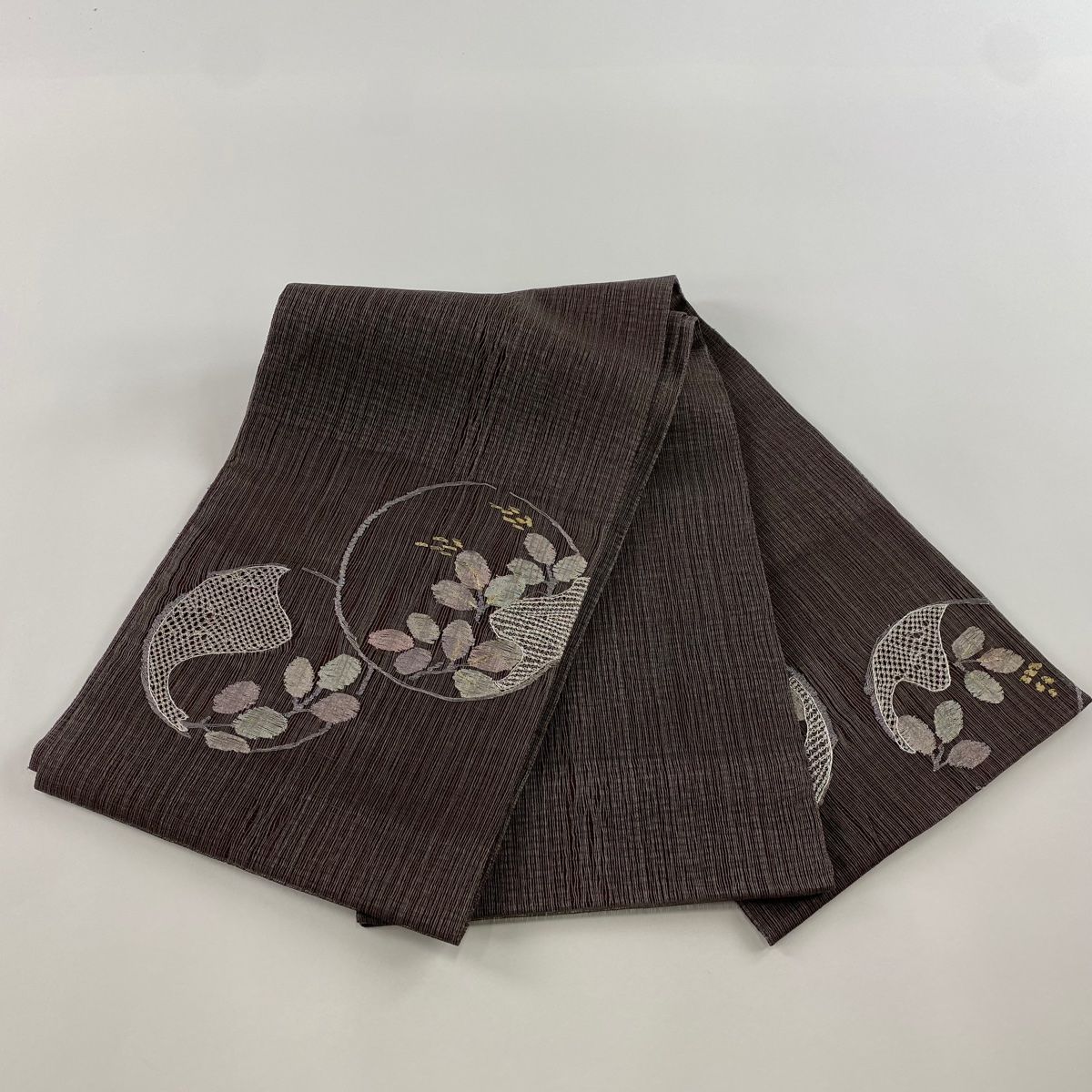 袋帯 秀品 丸文 萩 刺繍 金銀糸 灰茶 お太鼓柄 正絹 【中古