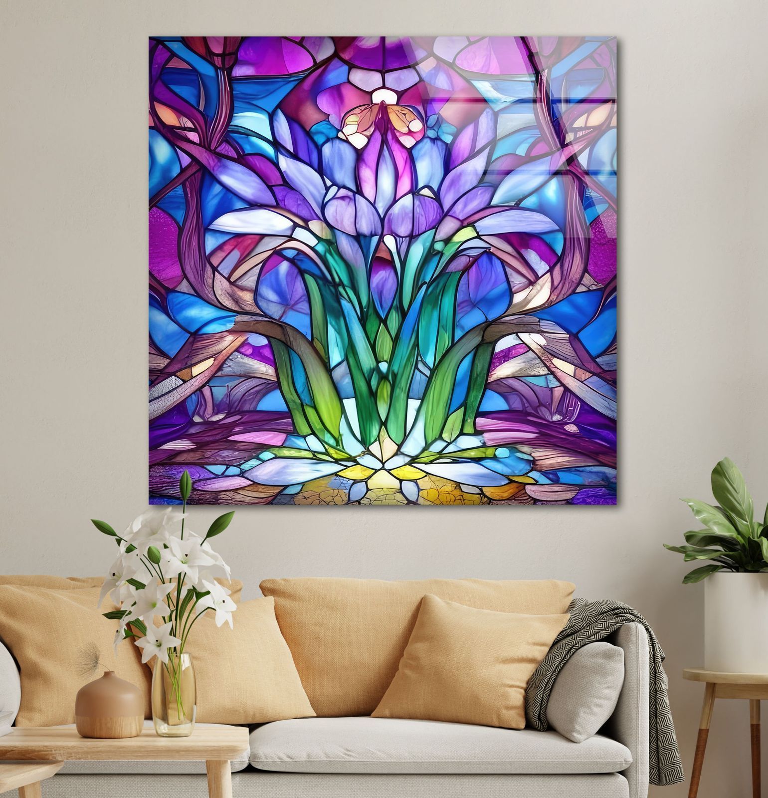 アンティーク　ガラス絵　壁飾り ガラスウォールアート ガラスアート素材：4mmの強化ガラス、ガラスの壁