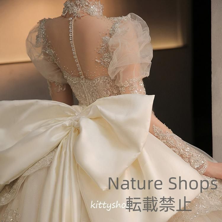 ウェディングドレス 袖あり 立ち襟 スパンコール キラキラ 素敵 キレイめ 花嫁ドレス 結婚式ドレス トレーンドレス バックリボン オシャレ 海外挙式 dpcp55