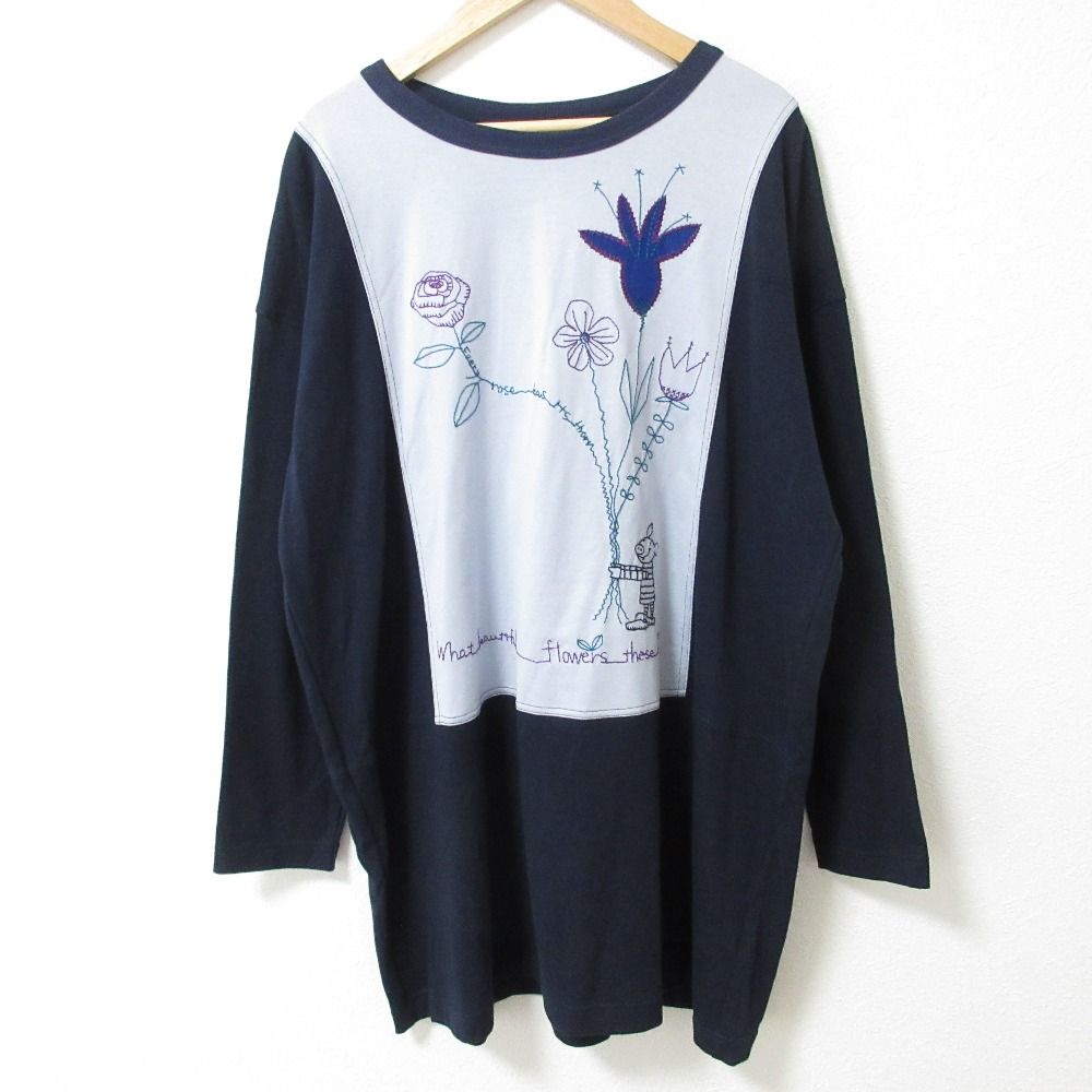 ♥ オレボレブラ アルベロベロ ぶたさん フラワー刺繍 ロングスリーブ チュニック カットソー サイズM ネイビー レディース 古着