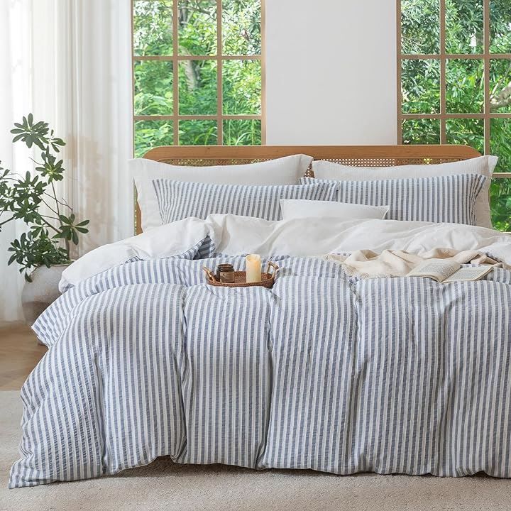 MILDLY 寝具カバーセット 4点セット ベッドカバーセット 自用 来客用 贈答用 掛け布団カバーに固定ひも8本＆側面ファスナー ボックスシーツ全周伸縮バンドで簡単着脱 ブルー セミダブル