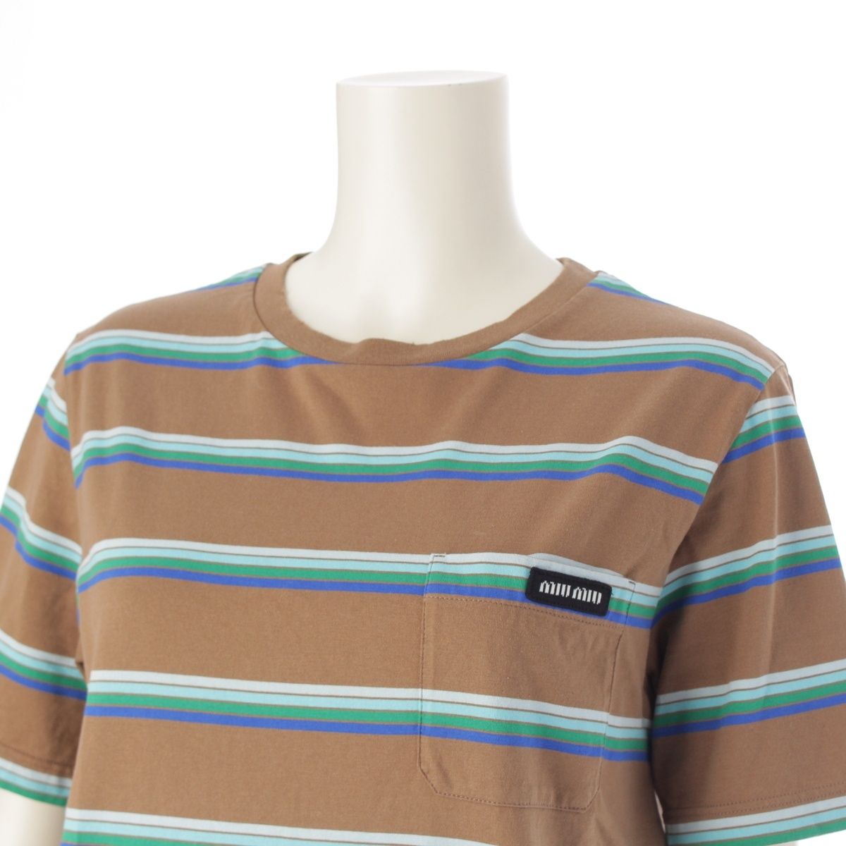 ミュウミュウ ロゴパッチ 胸ポケット ダメージ加工ネック ボーダー  