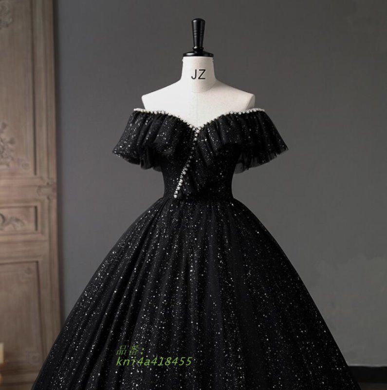 イブニングドレス 黒 オフショルダー 発表会ドレス 演奏会ドレス ブラック パール パーティードレス 結婚式 二次会ドレス ロングドレス 感 ラインストーン kni4a418455