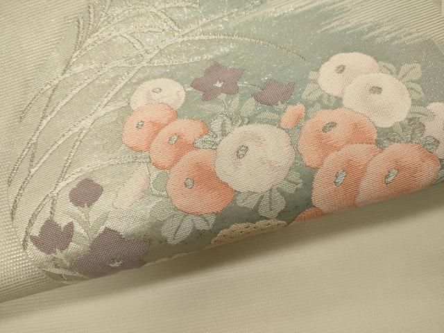 平和屋着物＊夏物　九寸開き名古屋帯　草花文　金銀糸　正絹　逸品　CAAW9118oy 平和屋着物＊夏物 銀座きしや 九寸名古屋帯 総刺繍 草花文 金銀糸 正絹