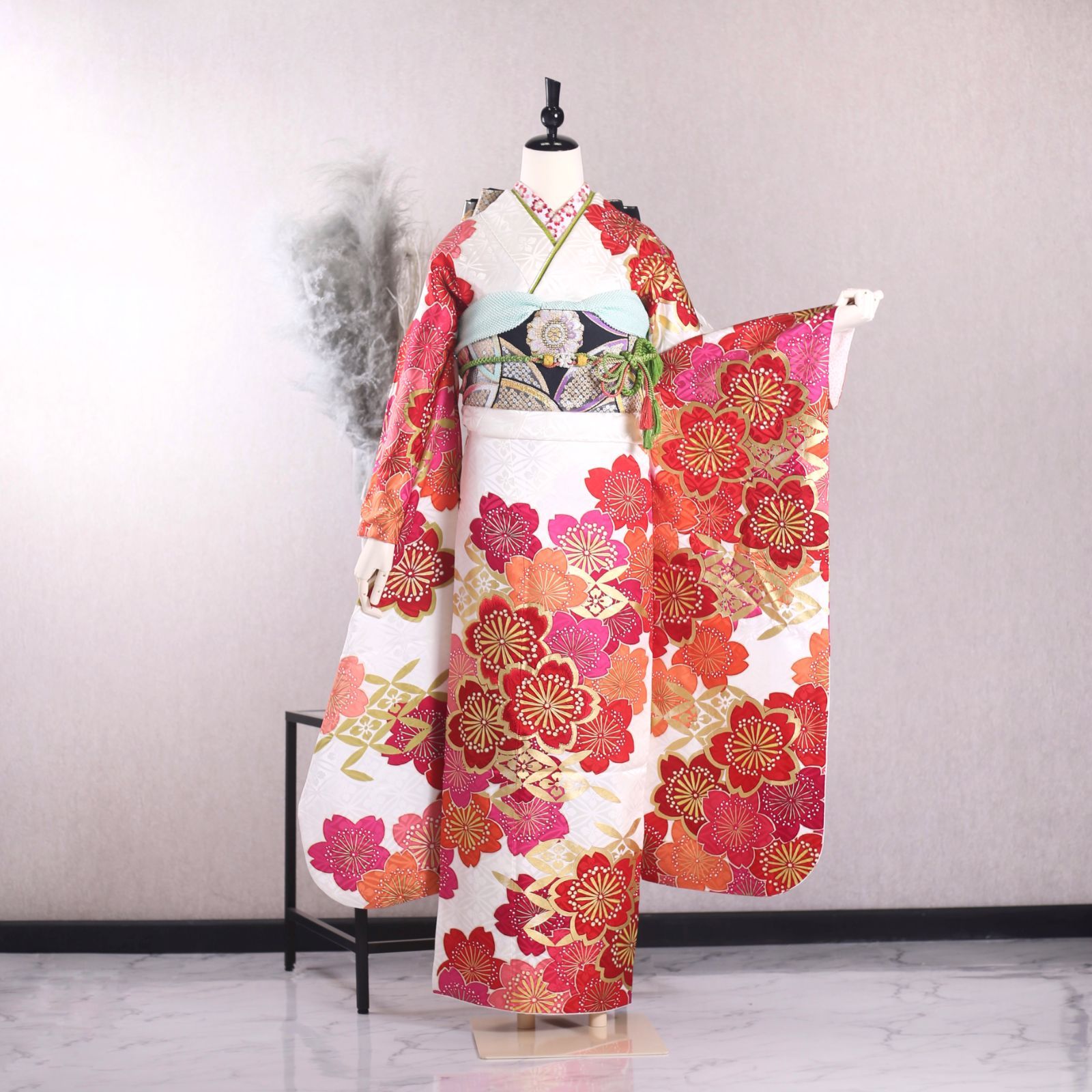振袖フルセット 振袖セット 振袖 Lサイズ 中古 白×モダン 美品 成人式 