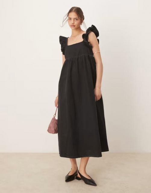 【送料無料】 エイソス レディース ワンピース トップス  DESIGN denim smock maxi dress with bow back in black Black