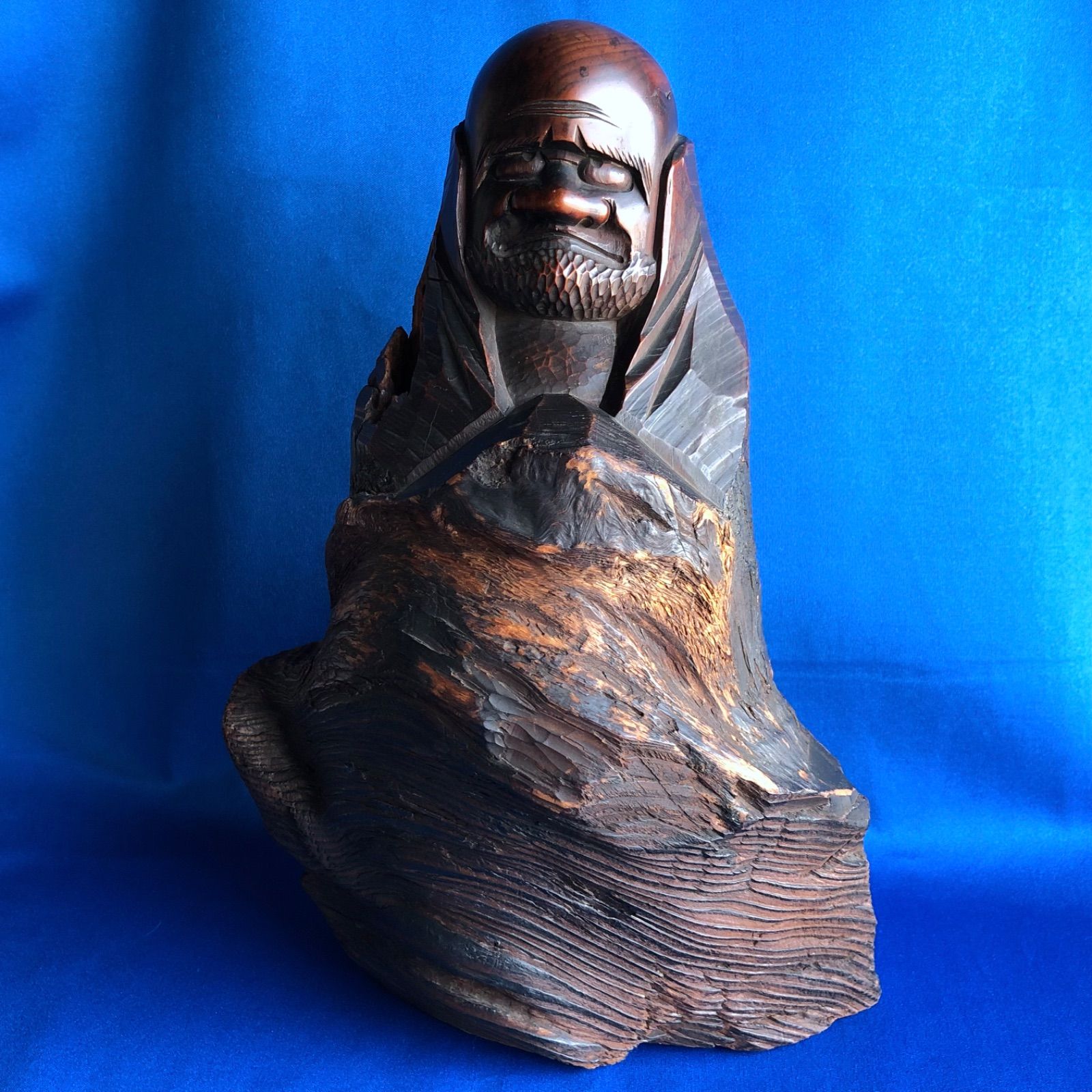 達磨大師 一刀彫 木彫りの達磨像 ずっしり約2.4Kg レトロ USED
