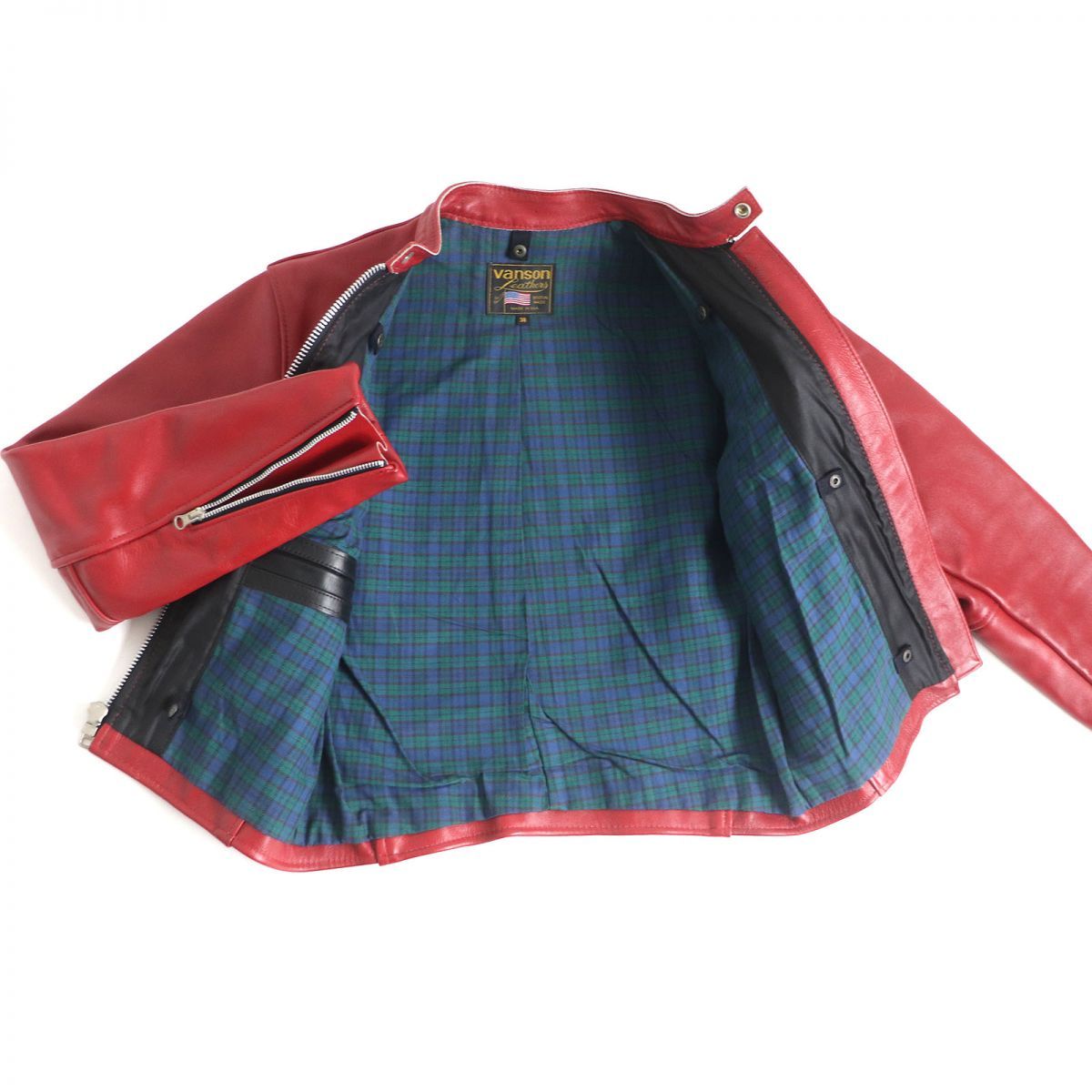 vanson バンソン レザーシングルライダースジャケット38 裏地チェック