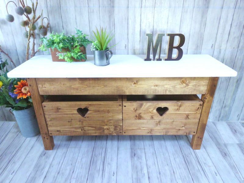 ハンドメイド 2人掛けベンチ ハートボックス ホワイト✕チーク色