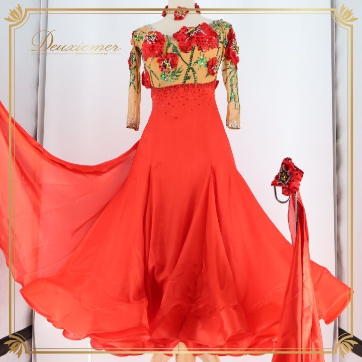 社交ダンス 衣装 ドレス ワンピース ドレス フロート 赤 スパンコール デモ 競技 競技会 ダンス パーティ 発表会 緑 光沢 レッド系 おしゃれ 花柄 華やか フリル スカート 上品 レディース ダンス衣装 フォーマル 衣装ドレス