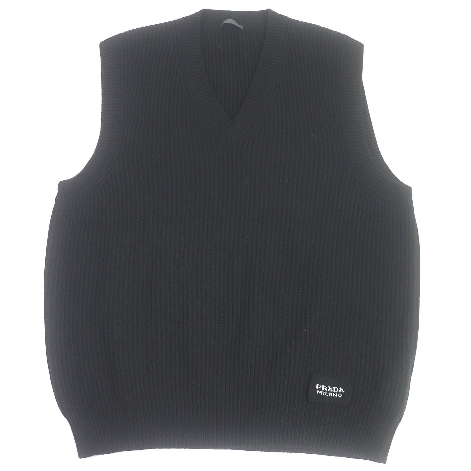美品PRADA プラダ 21AW UMT409 ウール カシミヤ オーバーサイズ リブ編み Vネック ニットベスト ブラック 56 イタリア製 正規品 メンズ 定価231，000円