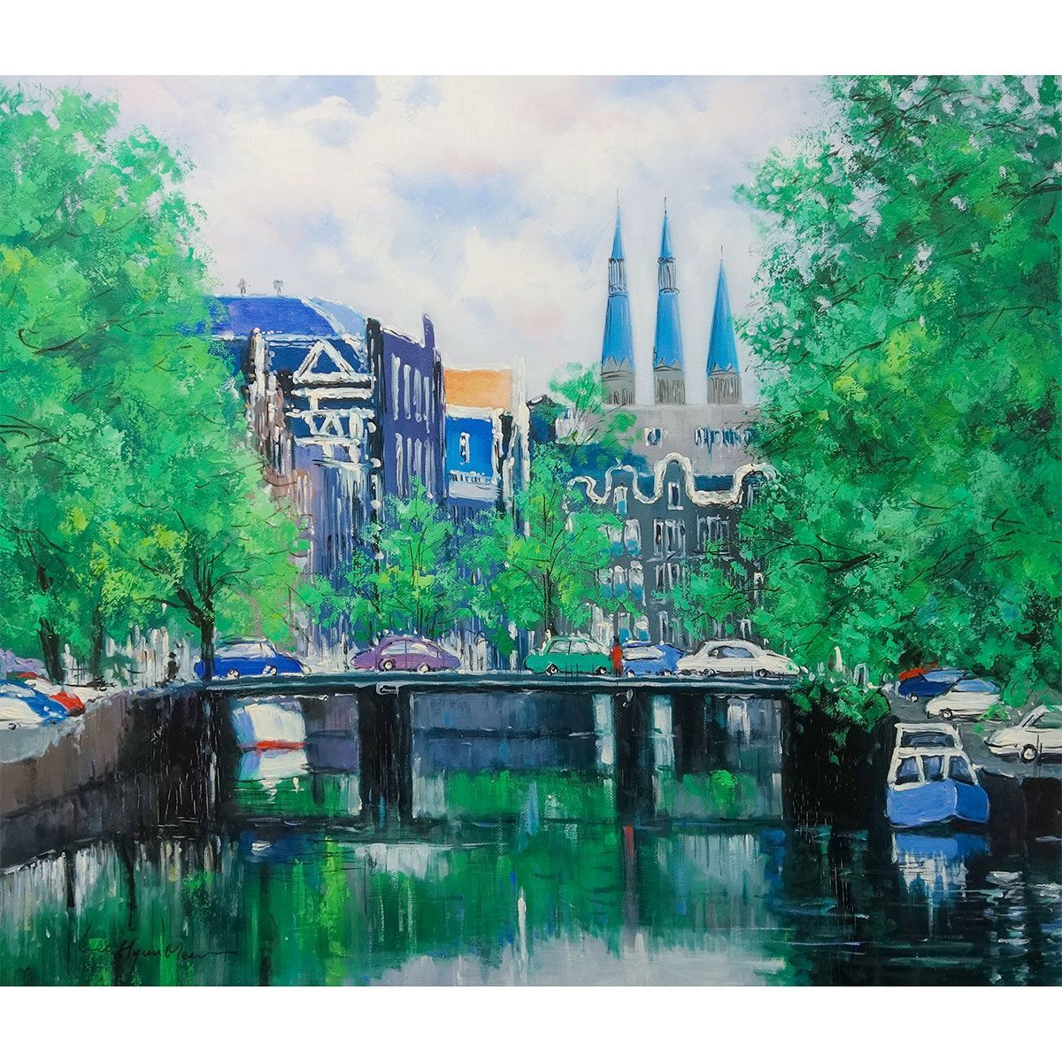 油彩画 里中游 「いい風の日」 F6号 油絵 額入り 風景画 真筆 肉筆画