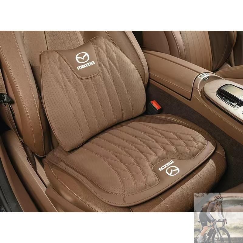【美品・新品未使用】◆マツダ MAZDA◆ブラウン◆シートクッション 車用 シートカバー ナッパ レザー 腰当て 滑り止め 弾性 座布団1点+腰クッション1点