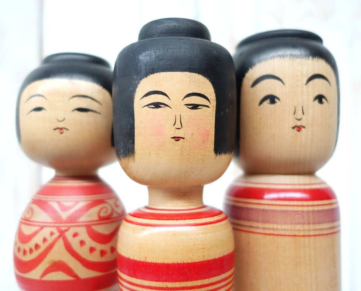 ●伝統工芸 工芸美術 伝統こけし Kokeshi ＊津軽系温湯亜系 三点＊阿保六知秀 あぼむちひで ＊佐藤善二 さとうぜんに 幸兵衛型