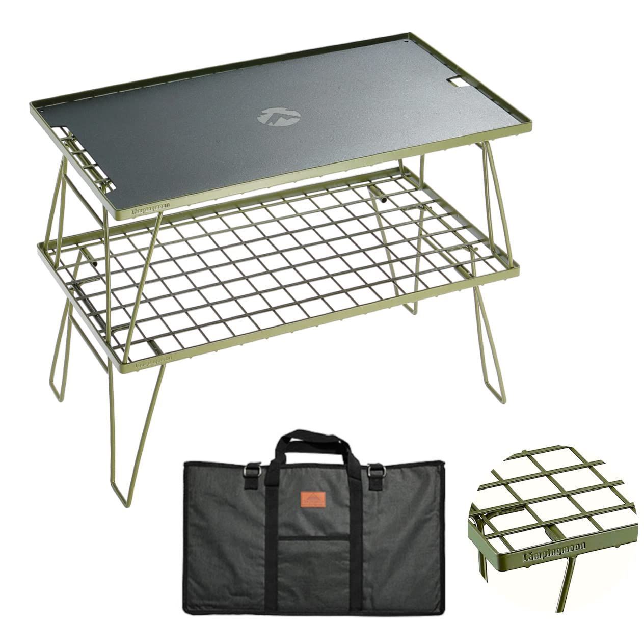 キャンピングムーン CAMPING MOON KAHKI フィールドラック カーキ色 グラウンドラック 折り畳みラック スチール製 収納バック付き 本体T-233 2点 アルミ天板セット T-233-2TM