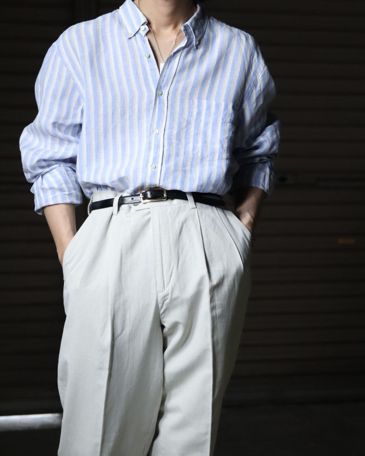 pale tone stripe oversized linen shirt button-down リネン 麻 ペールトーン ボタンダウン オーバーサイズ 長袖シャツ XXL 青 90s