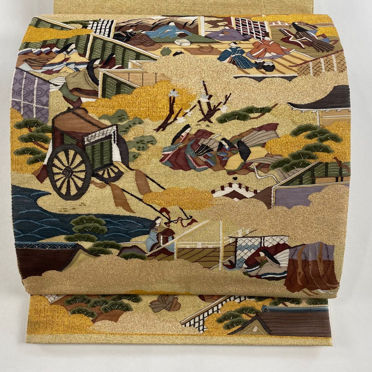 袋帯 秀品 人物 御所車 金糸 金色 お太鼓柄 正絹 【中古