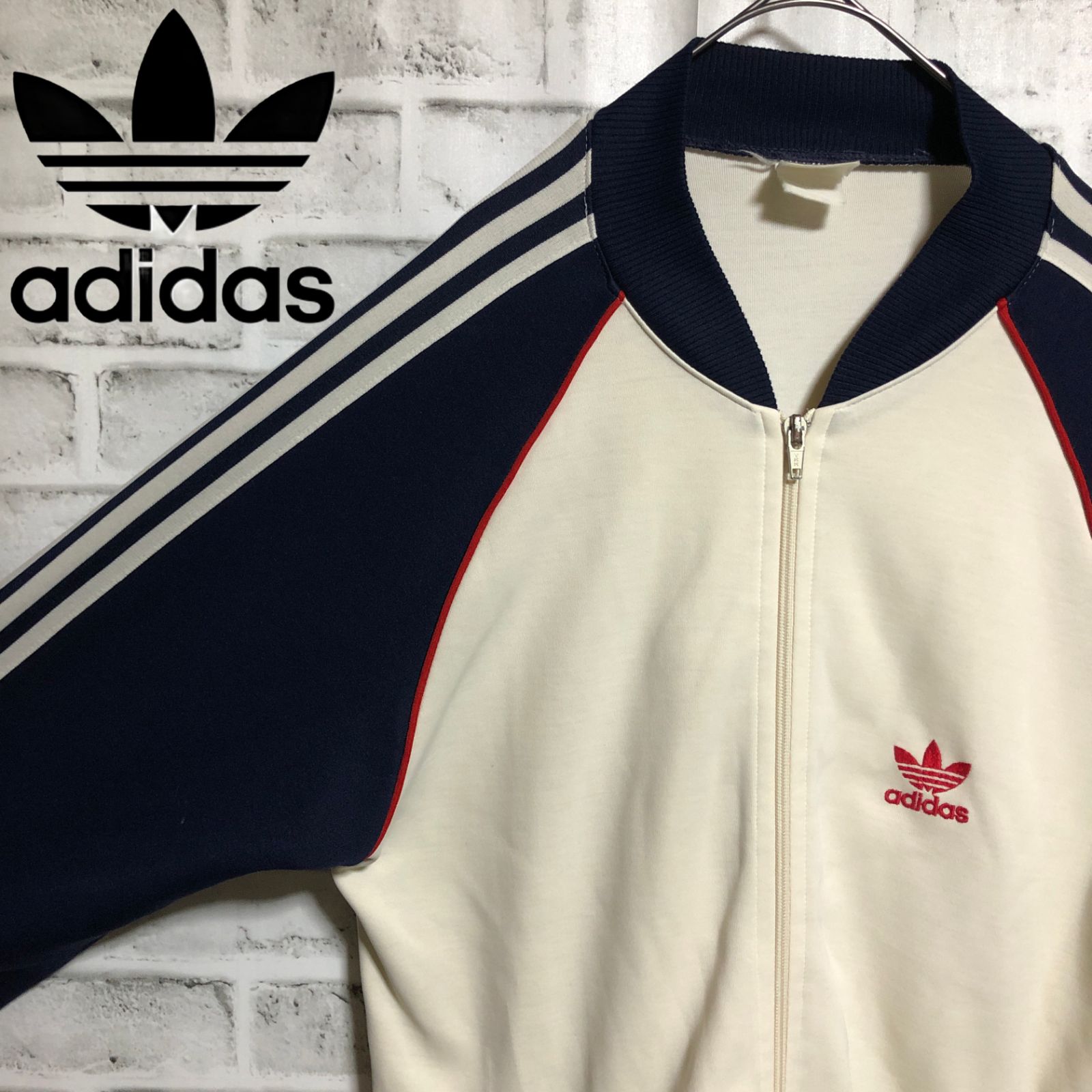 70s】adidasトラックジャケットビンテージ刺繍トレファイル紺赤デサント