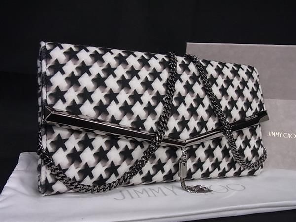 ■新品同様■ JIMMY CHOO ジミーチュウ エリシュ ウール スター チェーン 二つ折り 長財布 ウォレット オフホワイト系×ブラック系 AZ4027 □新品同様□ JIMMY CHOO ジミーチュウ エリシュ ウール スター