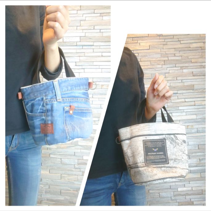No.62 【デニム👖×木目調×北欧】丸底バケツバッグ👜デニム