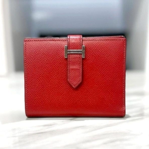 エルメス ベアン コンパクト 赤 エプソン 折り財布 □J刻印