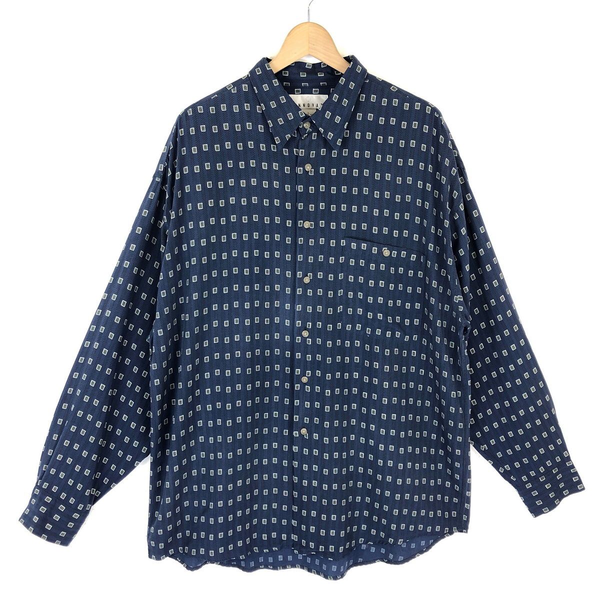 【古着】 RINNOVATO 総シャツ シルクシャツ 大きいサイズ ヴィンテージ 長袖 ネイビー系 メンズXL 【中古】 n029215