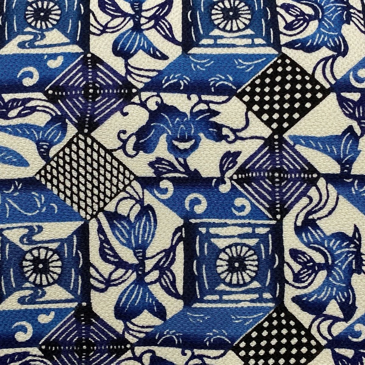 名古屋帯 城間栄順 落款 草花 菱 縮緬 青 正絹