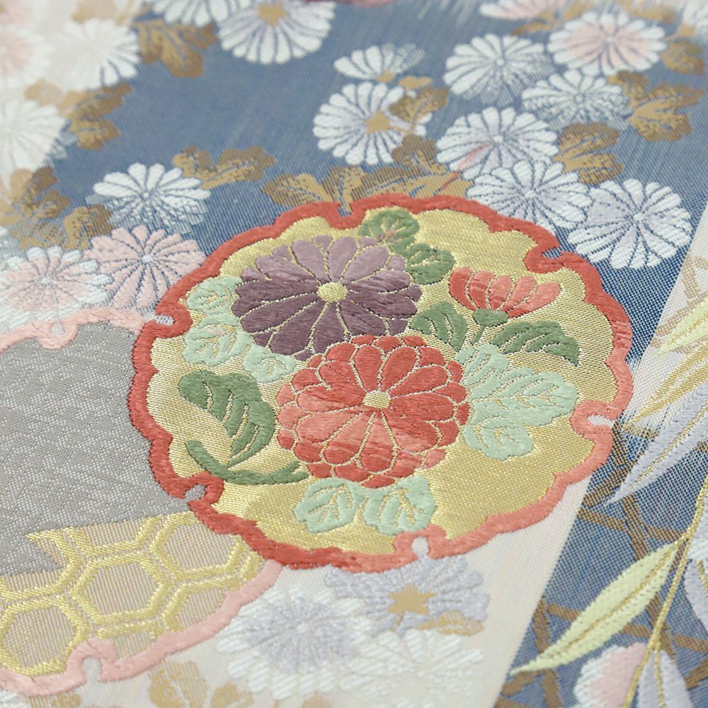 袋帯 正絹 中古 唐織 紺 サーモンピンク 菊 雪輪 梅 桔梗 杜若