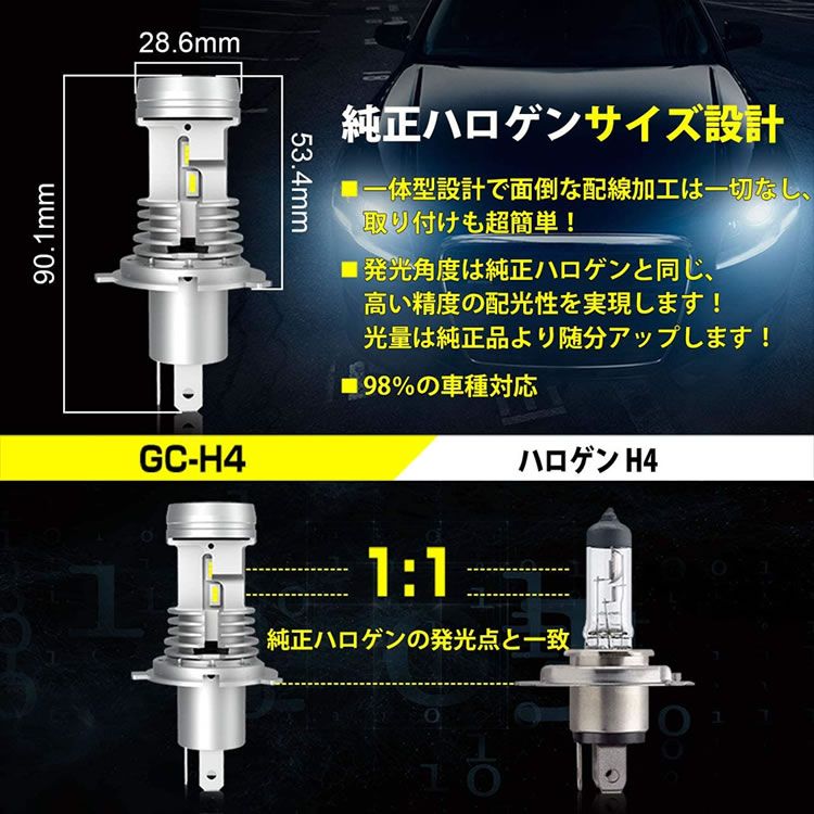 CE/NZE/ZZE120系 カローラ セダン 前期 日本光軸仕様 H4 LEDヘッドライト Hi/Lo 6800LM 40W 6500ケルビン 車検対応 防水カバー対応