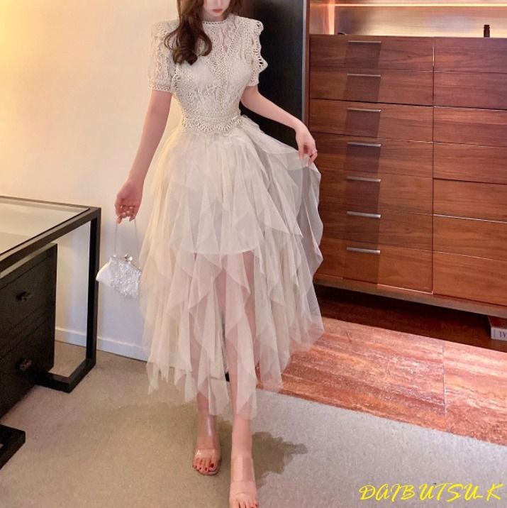 シアー レース チュール パーティードレス ２色 エレガント 上品 DRESS+ ドレス ワンピース レース チュール フレア Aライン