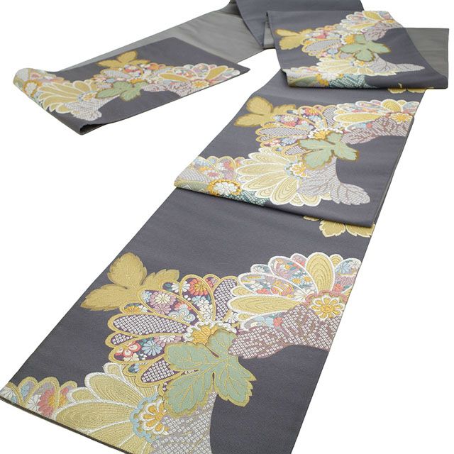 新古品 袋帯 正絹 ♥ フォーマル 京都 西陣 麗宝織彩 濃グレー 菊取り 宝尽くし 草花模様 鹿の子 金箔糸 金銀糸 春 秋 冬 西陣織 仕立て上がり みやがわ sb54615