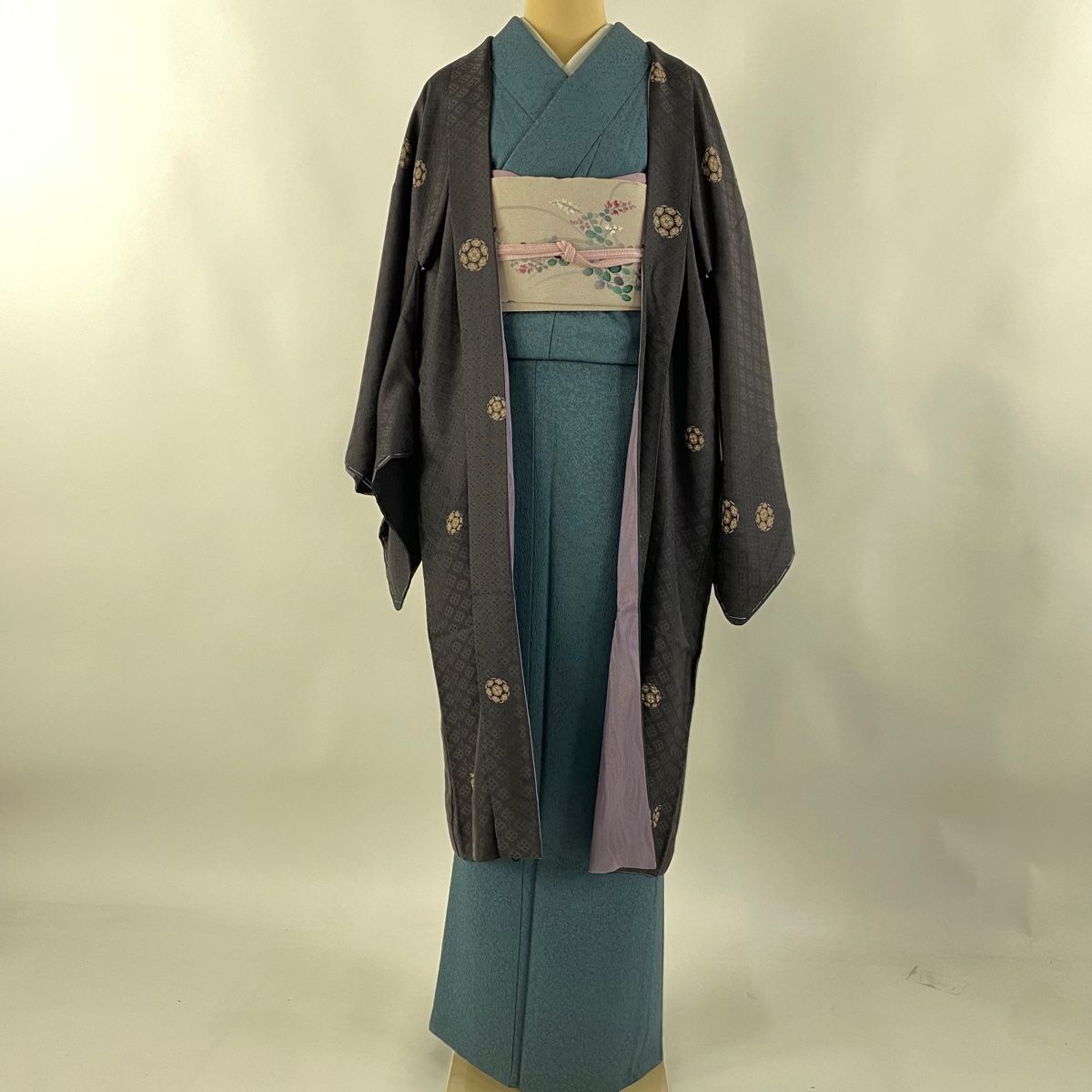 羽織 身丈107cm 裄丈69cm L リバーシブル 丸紋 花 灰紫 正絹