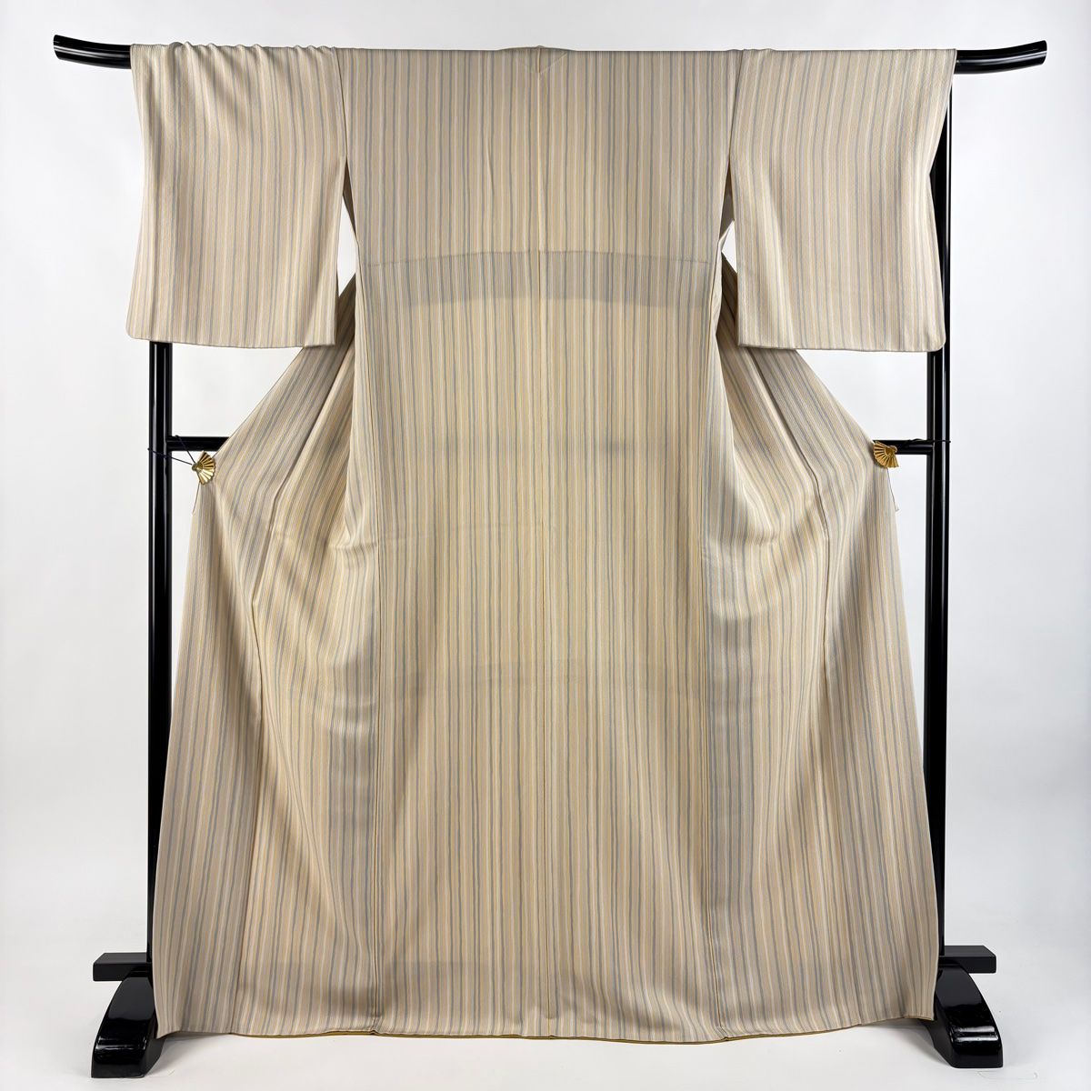 小紋 身丈169cm 裄丈69cm L 袷 縞 ベージュ 正絹 秀品