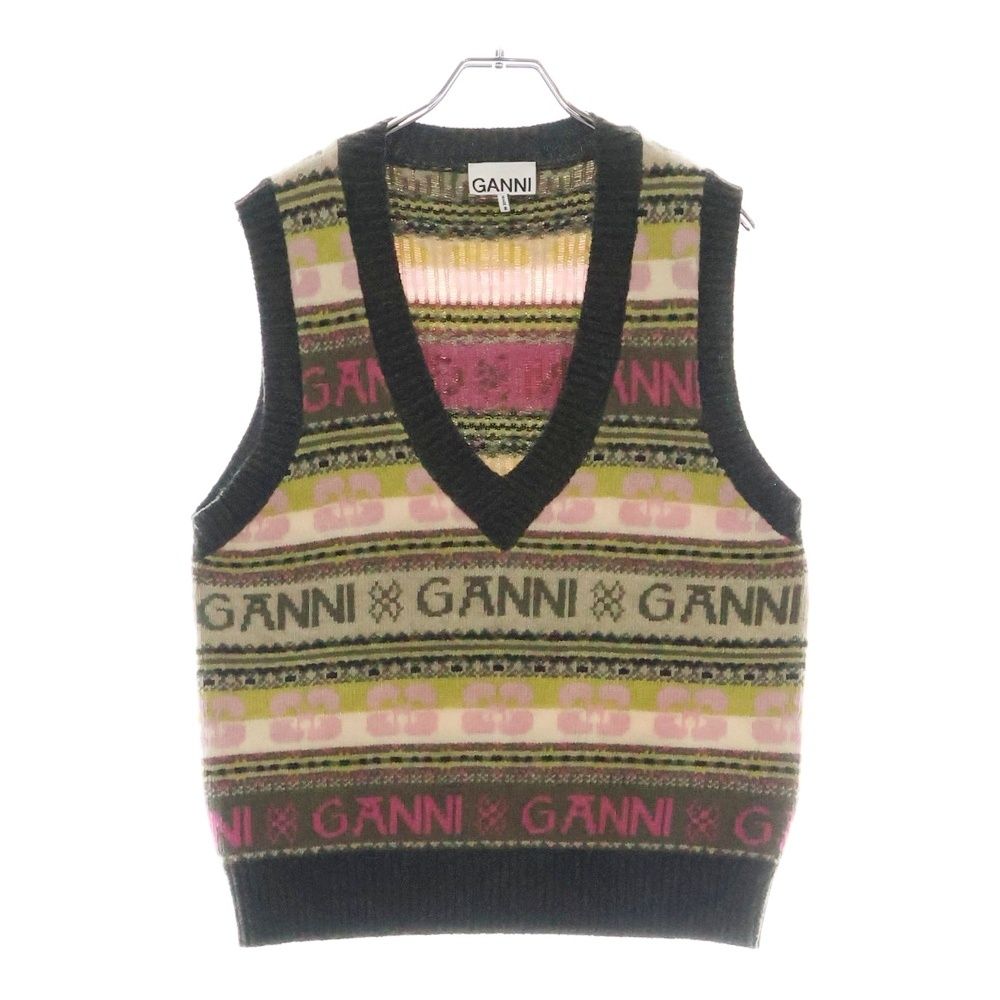 GANNI ガニー Logo Wool Mix Vest ロゴプリントウール混Vネックニットベスト マルチ レディース