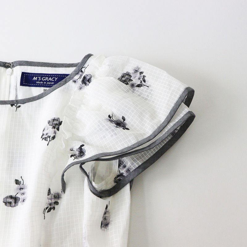  2021 SS エムズグレイシー M S GRACY フラワーモチーフ フリル チェック ワンピース 36 オフホワイト その他 その他