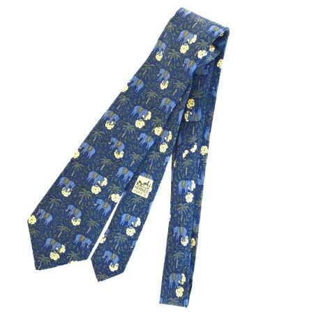 【中古】 エルメス HERMES ネクタイ 象 花柄 ネイビー シルク 100% メンズ 08HB582