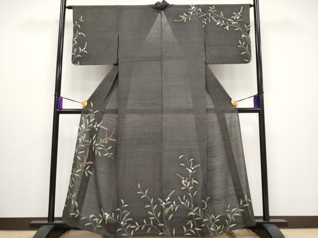 平和屋着物 上 夏物 訪問着 絽紬 刺繍 枝花文 檳榔子染色地 CYAA3039s5