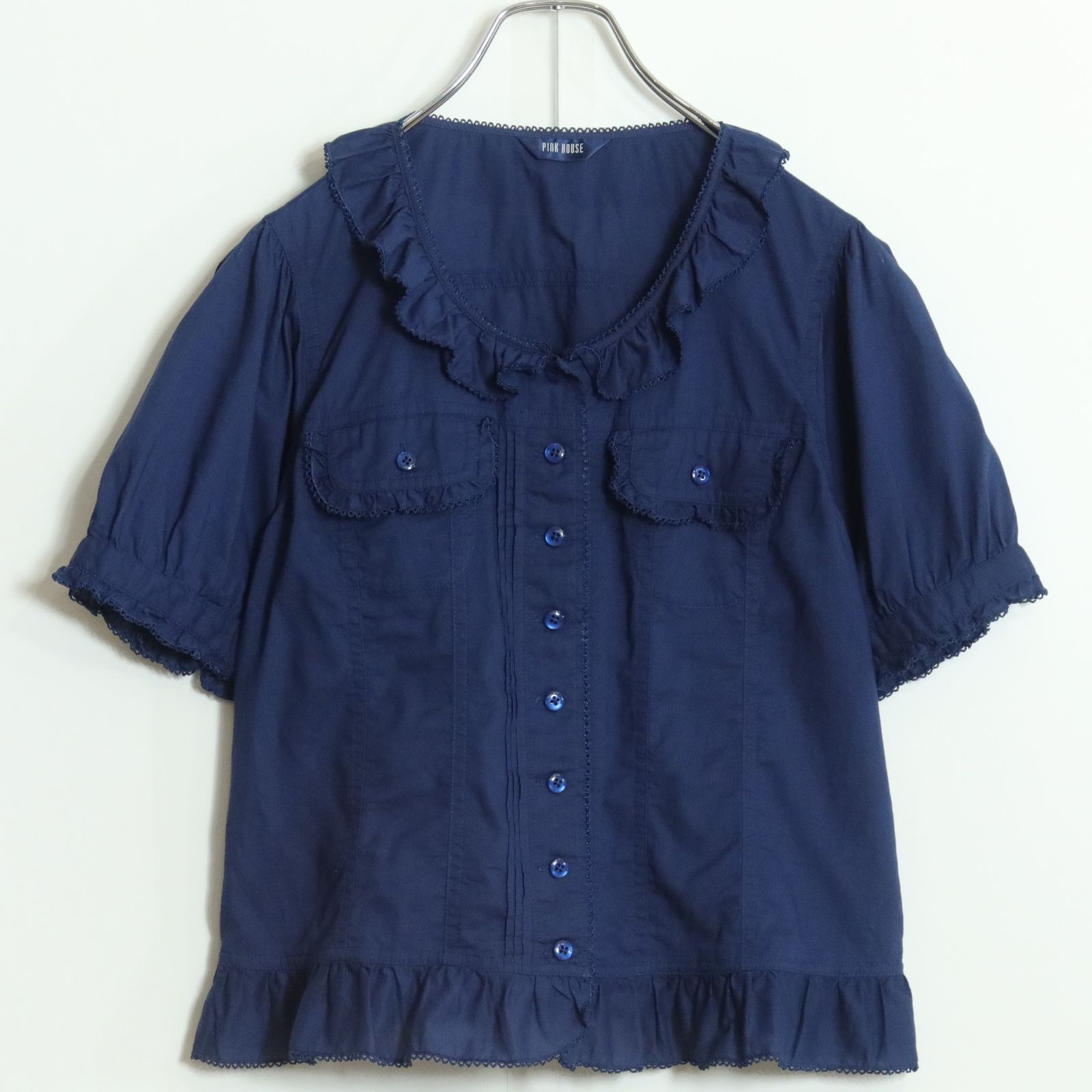 美品】ピンクハウス☆綿ローンブラウス サイズ3(M) ネイビー系 前開き 