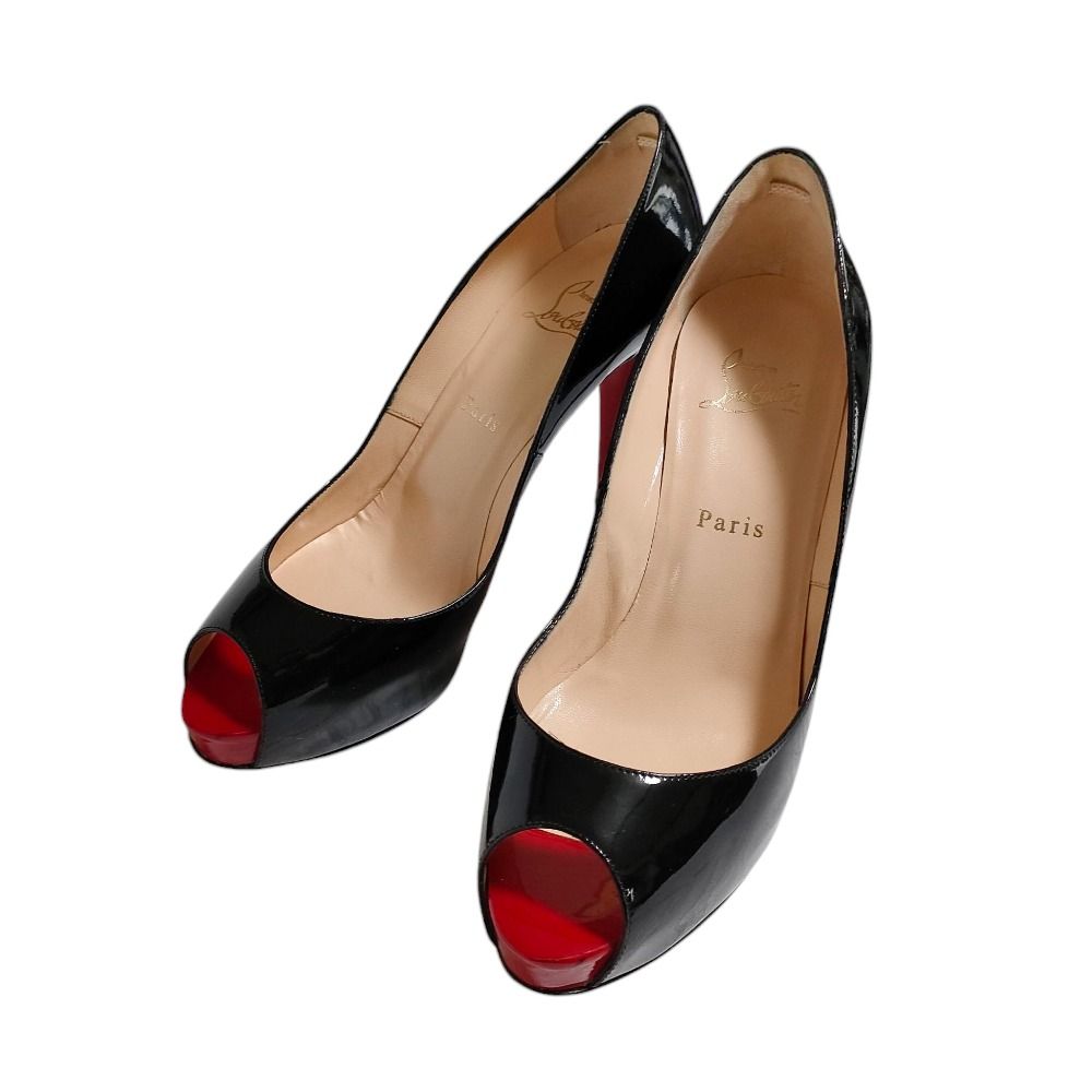 Christian Louboutin クリスチャンルブタン VERY PRIVE 100 パテントレザー オープントゥ ハイヒール パンプス 39 26cm ブラック レディース 古着