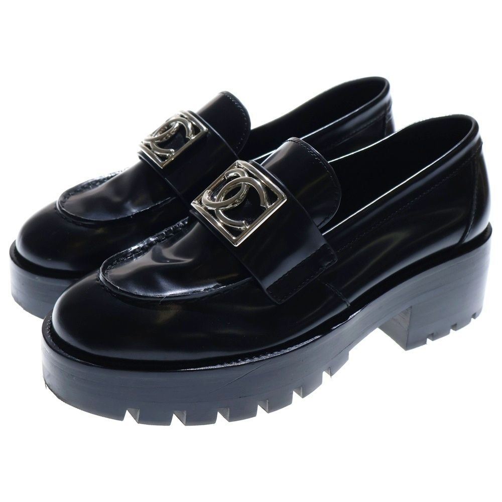 CHANEL シャネル ココマーク スクエアロゴプレート レザー ヒール 厚底 ローカットシューズ ローファー シルバー金具 ブラック レディース