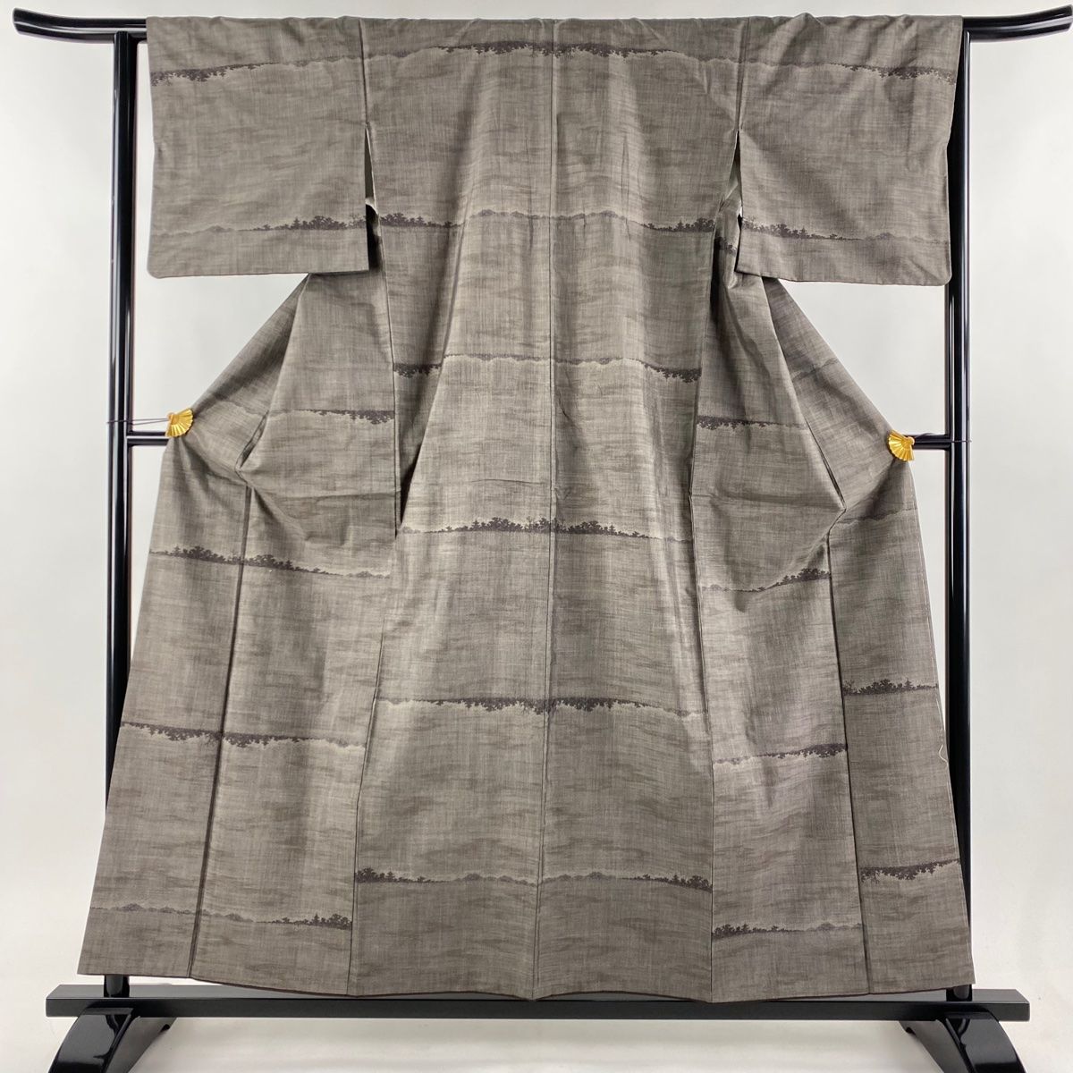 紬 身丈157.5cm 裄丈63.5cm S 袷 風景 霞 焦茶色 正絹 秀品