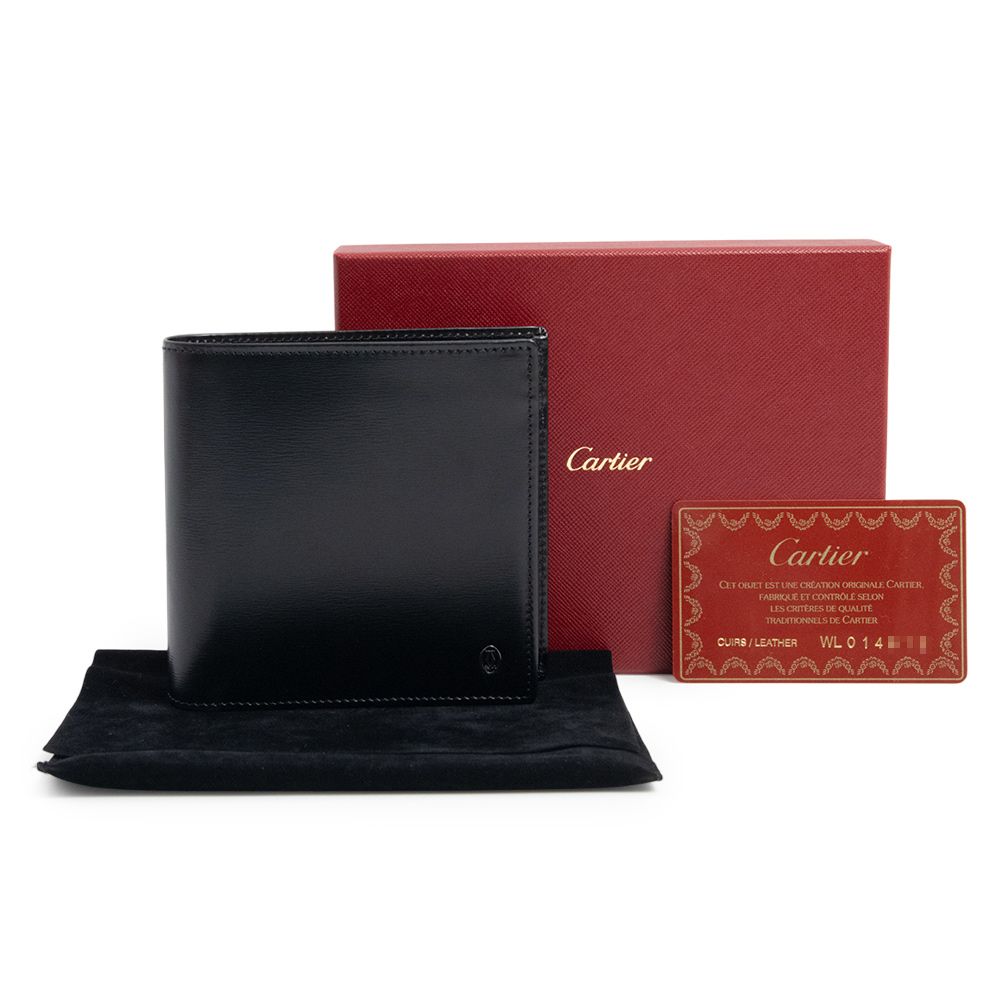 カルティエ Cartier 二つ折り財布 レザー ブラック シルバー金具 黒