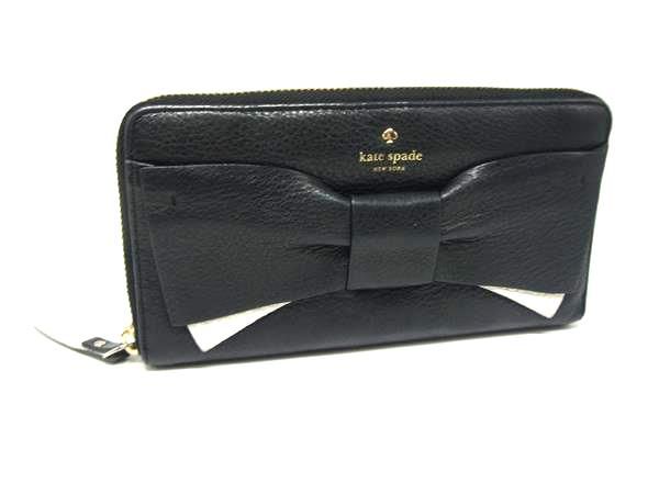 kate spade ケイトスペード PWRU4854 レザー リボン ラウンドファスナー 長財布 ウォレット レディース ブラック系 DJ5991