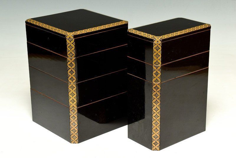 蔵A3486 時代 茶道具 木製蒔絵 七宝繋文 梨地 野弁当 重箱