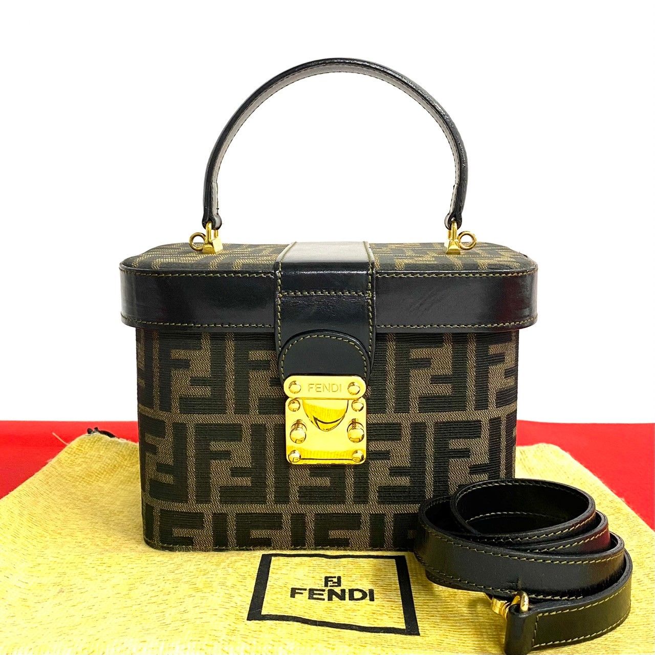 極 美品 FENDI フェンディ ズッカ FF 柄 ロゴ 金具 レザー キャンバス 2way ハンドバッグ ショルダーバッグ バニティバッグ ブラウン  36073 - メルカリ