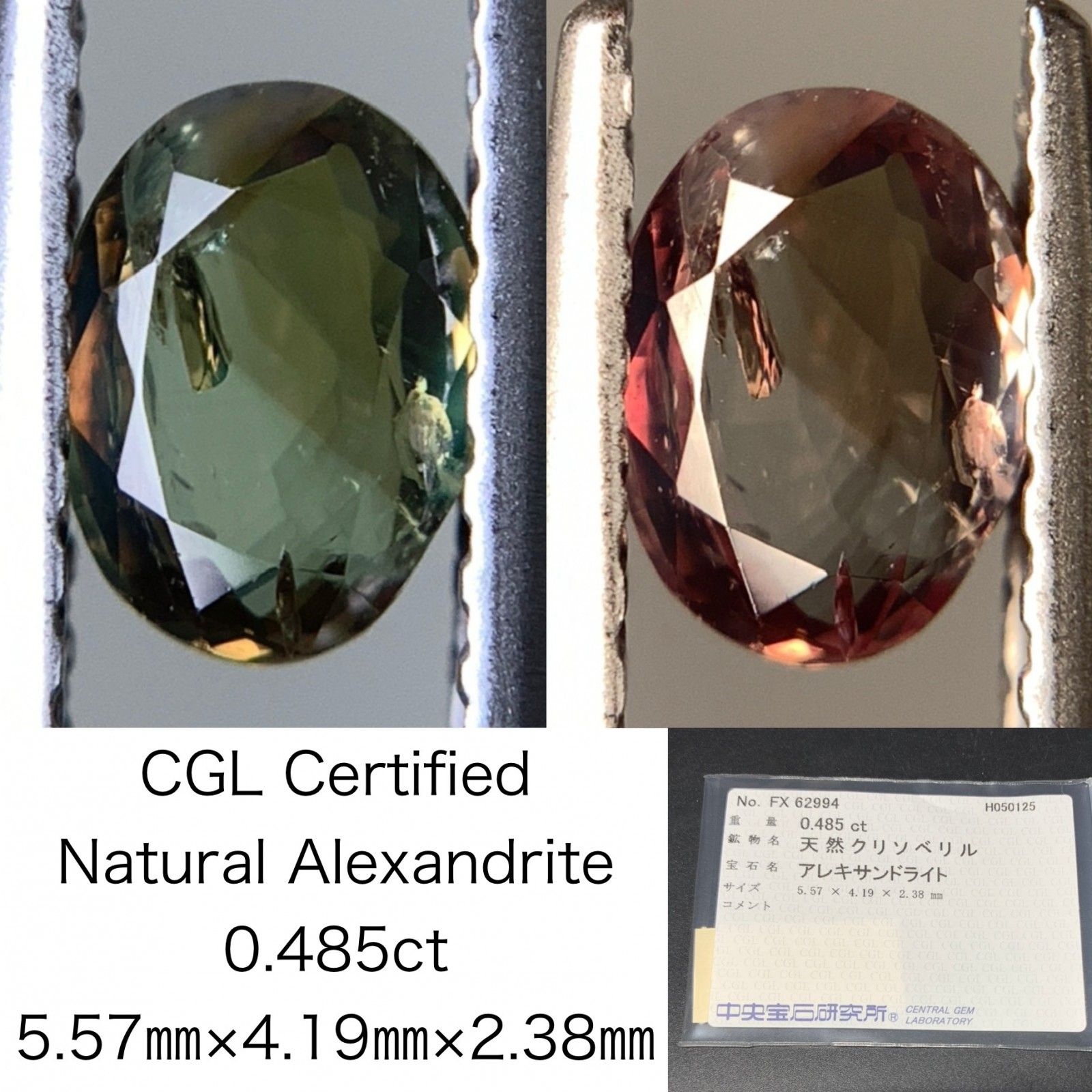 アレキサンドライト 0.485ct 中央宝石ソーティング付き 5.57㎜×4.19㎜×2.38㎜ 天然 ルース 裸石 4900Y