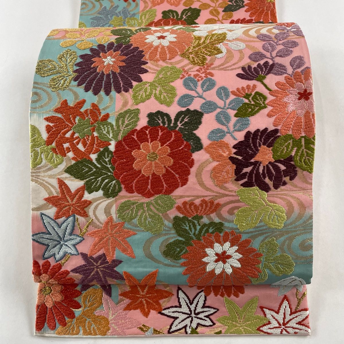 袋帯 秀品 関西仕立て 菊 観世水 刺繍 金糸 ピンク 六通 正絹