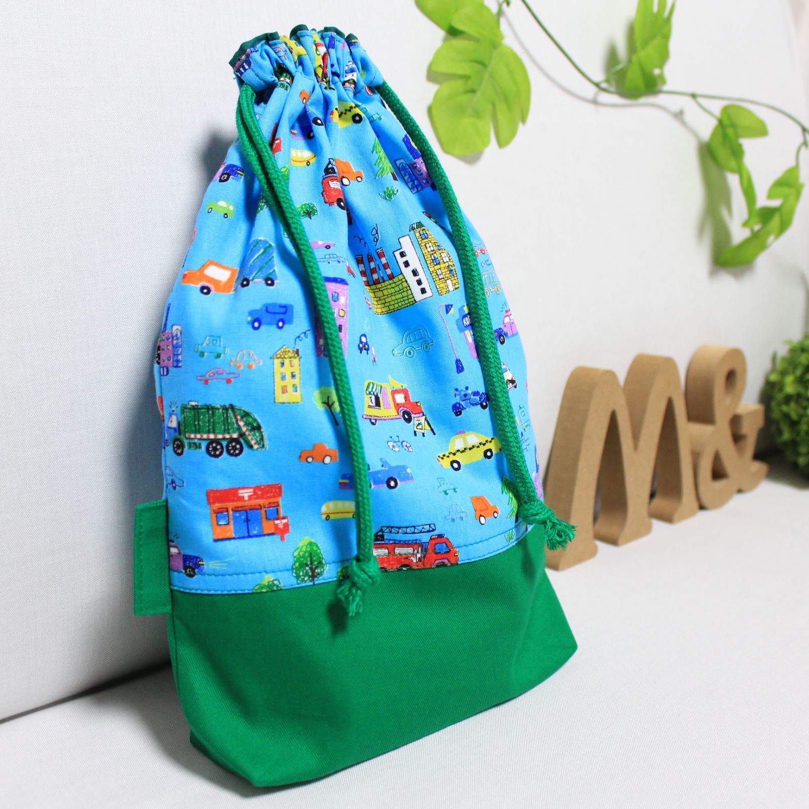 入園入学4点セット 水色・緑色×車 レッスンバッグ・体操服入れ他