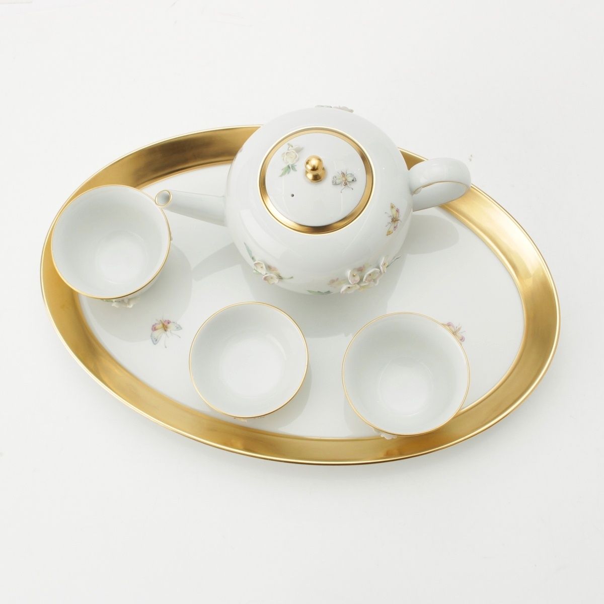 マイセン スノーボール デジュネ ポット カップ ボウル トレー セット 骨董品 陶器 ホワイト ゴールド