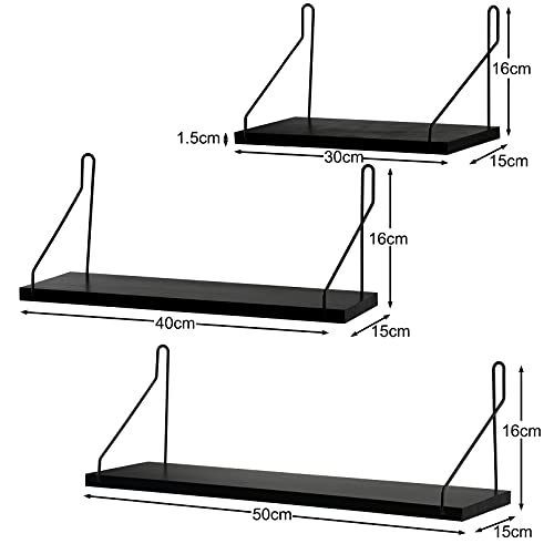ブラック_3個セット ウォールシェルフ 天然木 壁掛け棚 鉄製 ワイヤー